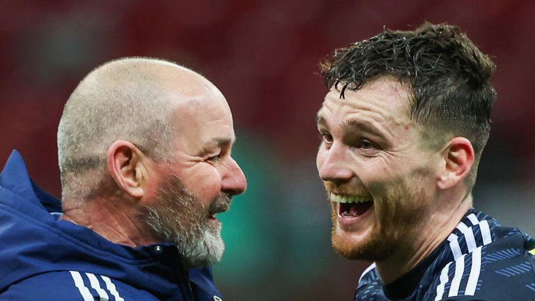 WARSAW, POLAND - NOVEMBER 17: Scotland head coach Steve Clarke and Andy Robertson at full time during the UEFA Nations League 2024/25 League A Group A1 match between Poland and Scotland at the PGE Narodowy, on November 18, 2024, in Warsaw, Poland. (Photo by Craig Williamson / SNS Group)