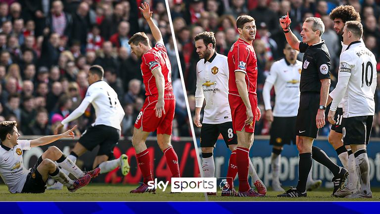 Manchester United&#39;s Ander Herrera is fouled by Liverpool&#39;s Steven Gerrard who is shown the red card for the challenge during the Barclays Premier League match at Anfield