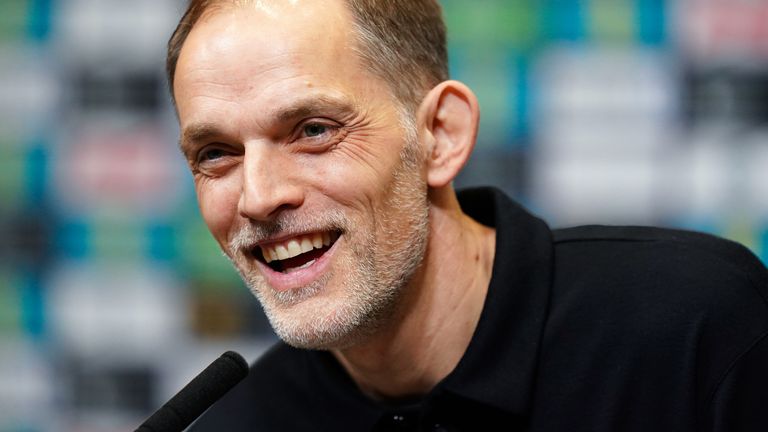 England head coach Thomas Tuchel speaks during the squad announcement at Wembley Stadium