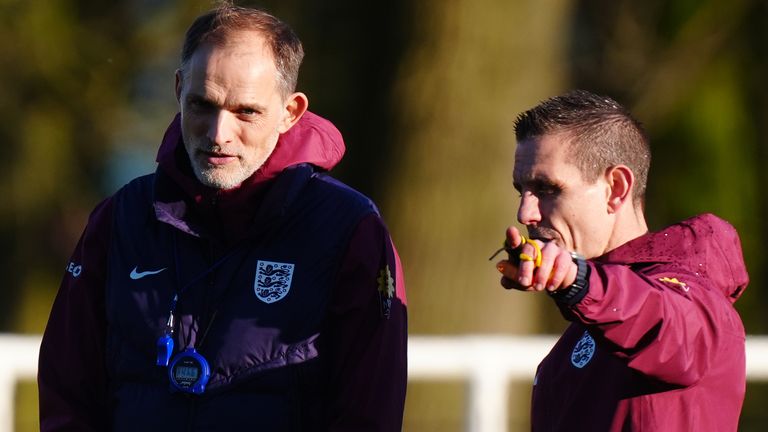 Thomas Tuchel runs his first training as a manager of England