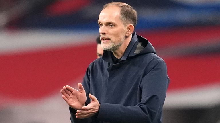 Thomas Tuchel applauds during England's World Cup qualifier against Albania at Wembley