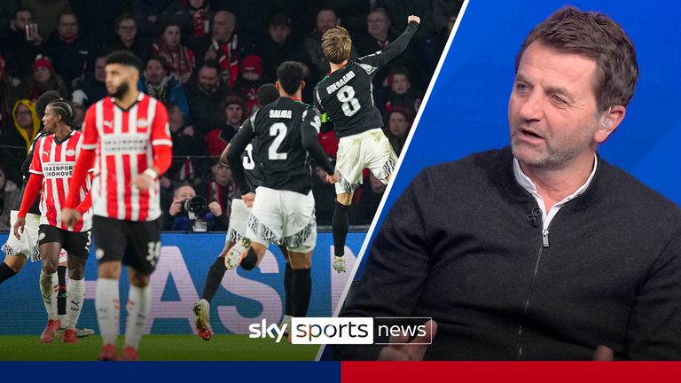 Tim Sherwood gives his full-time reaction after Arsenal create history in the Champions League after beating PSV 7-1 away from home to become the biggest ever away victory in the competition's history. 
