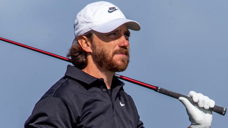 LA JOLLA, CA - FEBRUARY 14: Tommy Fleetwood watches his drive from the 13th tee during the second round of the Genesis Invitational tournament, Friday, February 14, 2025, at Torrey Pines Golf Course in La Jolla, California. (Photo by Tony Ding/Icon Sportswire) (Icon Sportswire via AP Images) 