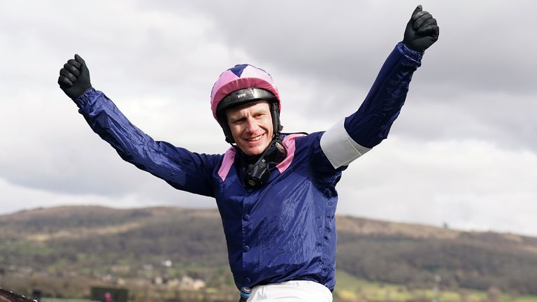 Paul Townend celebrates victory in the Michael O'Sullivan Supreme Novices' Hurdle aboard Kopek Des Bordes