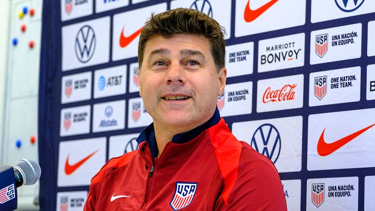 United States head coach, Mauricio Pochettino, takes a seat before speaking to the media, Friday, Oct. 11, 2024, in Austin, Texas, as the U.S. national men's soccer team prepares play Panama in an international friendly on Saturday. (AP Photo/Rodolfo Gonzalez)