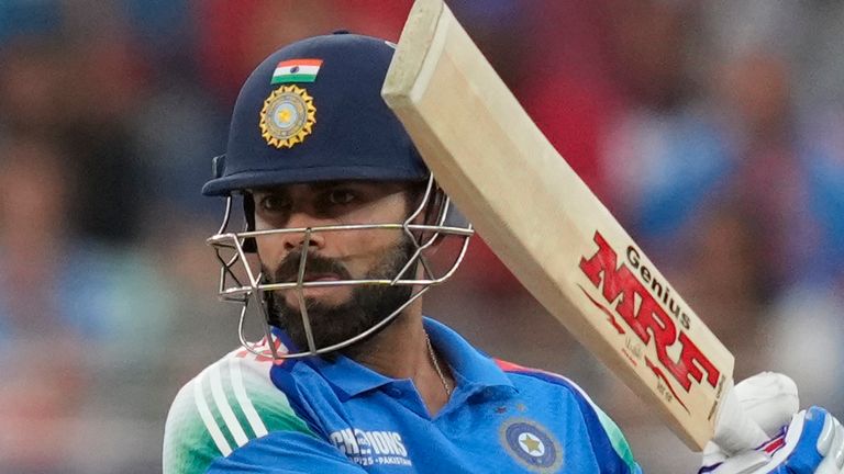 India's Virat Kohli plays a shot during the ICC Champions Trophy semifinal cricket match between India and Australia at Dubai International Cricket Stadium in Dubai, United Arab Emirates, Tuesday, March 4, 2025. (AP Photo/Altaf Qadri)