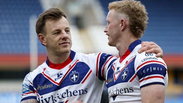 Tom Johnstone (Left) and Lachlan Walmsley, Wakefield Trinity celebrated the victory on the Challency Cup Huddersfield