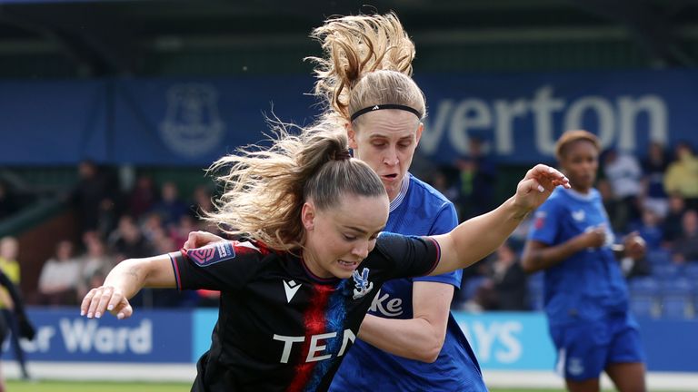 Crystal Palace's Lily Woodham and Everton's Katja Snoeijs (right) battle for the ball