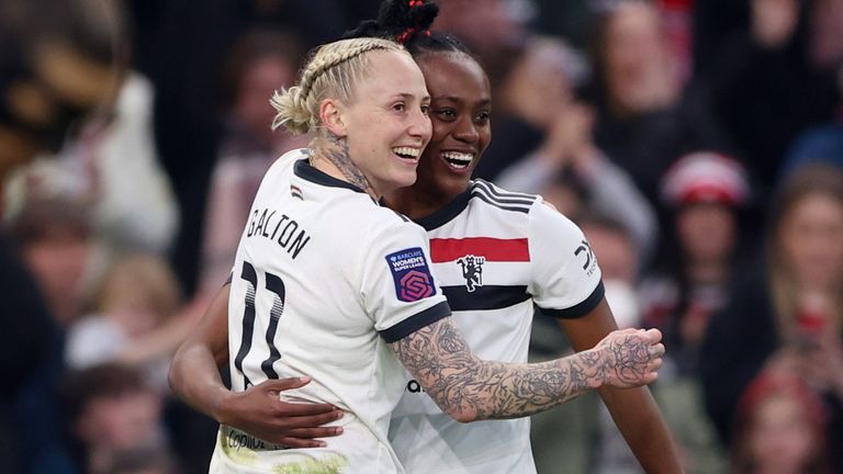 Leah Galton celebrates after scoring Manchester United's fourth goal against Aston Villa
