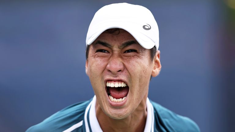 Yosuke Watanuki celebrates during a men's singles match at the 2023 US Open, Monday, Aug. 28, 2023 in Flushing, NY. (Dustin Satloff/USTA via AP)
