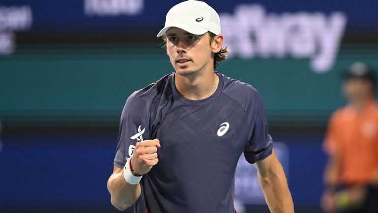 MIAMI GARDENS, FL - MARCH 24:Alex De Minaur of Australia during the men's 3rd round of the Miami Open on March 24, 2025, on March 24, 2025, at Hard Rock Stadium in Miami Gardens, Florida. (Photo by Michele Eve Sandberg/Icon Sportswire) (Icon Sportswire via AP Images)
