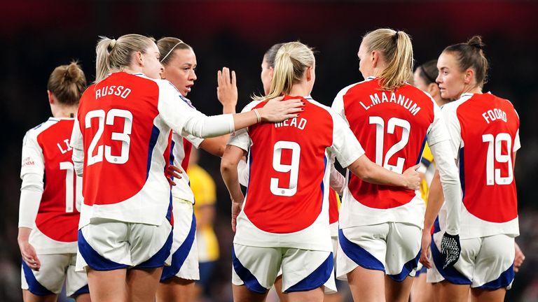 Arsenal's Beth Mead celebrates scoring against Brighton at the Emirates 
