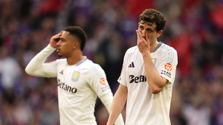Aston Villa duo Pau Torres (right) and Jacob Ramsey react to the 3-0 defeat to Crystal Palace in the FA Cup