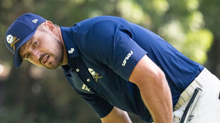 Captain Bryson DeChambeau of Crushers GC reacts to his putt on the 13th green during the final round of LIV Golf Mexico City at Club de Golf Chapultepec on Sunday, April 27, 2025 in Naucalpan, Mexico. (Photo by Charles Laberge/LIV Golf via AP) 