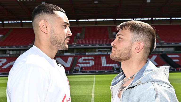 .CALLUM SIMPSON - IVAN ZUCCO.MEDIA DAY.OAKWELL STADIUM.BARNSLEY.PIC;CHRIS DEAN.CALLUM SMITH AND IVAN ZUCCO FACE OFF AS THEY COME TOGETHER FOR THE FIRST TIME BEFORE THEY FIGHT EACH OTHER AT BARNSLEYS OAKWELL STADIUM ON PROMOTER BEN SHALOMS BOXXER PROMOTION LIVE ON SKY SPORTS ON JUNE 7TH 2025