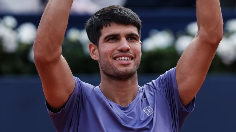 Carlos Alcaraz of Spain celebrates victory against Laslo Djere of Serbia during the round of 16 tennis match of the Barcelona Open Banc Sabadell - Conde Godo 2025 Day 4 at Real Club De Tenis Barcelona on April 17, 2025 in Barcelona, Spain. AFP7 17/04/2025 (Europa Press via AP)
