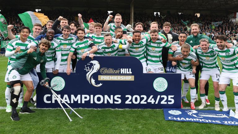 DUNDEE, SCOTLAND - APRIL 26: Celtic celebrate winning the William Hill Premiership Title during a William Hill Premiership match between Dundee Utd and Celtic at the CalForth Construction Arena at Tannadice Park, on April 26, 2025, in Dundee, Scotland. (Photo by Craig Williamson / SNS Group)