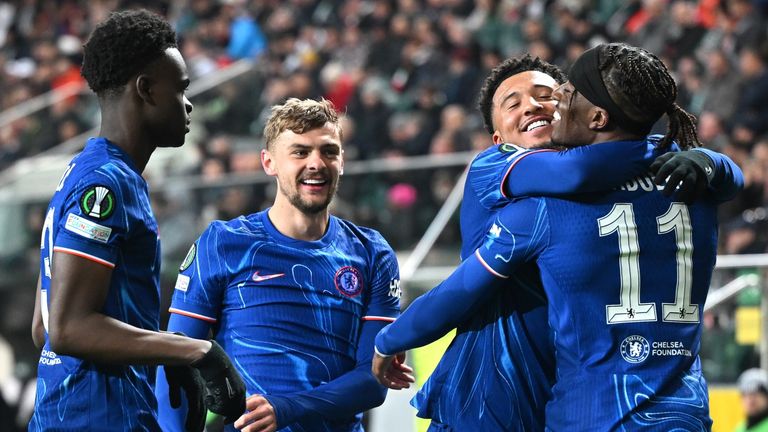 Chelsea's Noni Madueke (right) celebrates scoring against Legia Warsaw