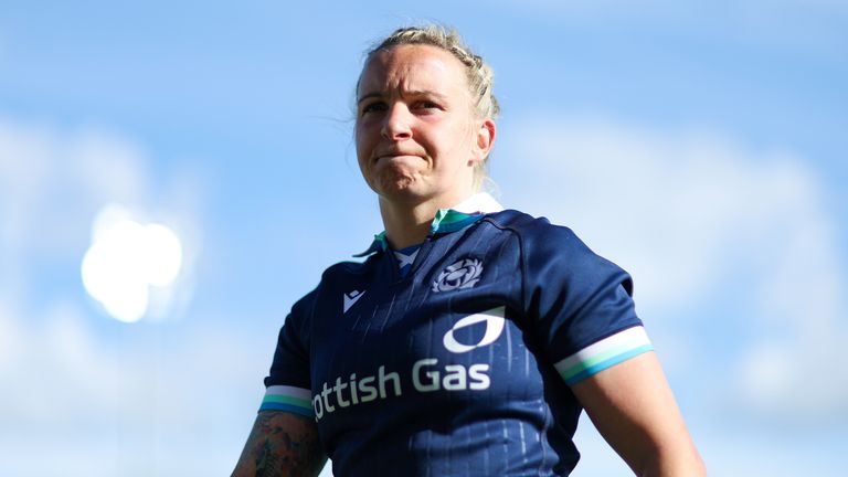 EDINBURGH, SCOTLAND - APRIL 13: Scotland's Chloe Rollie at full time during a Guinness Women's Six Nations match between Scotland and Italy at The Hive Stadium, on April 13, 2025, in Edinburgh, Scotland. (Photo by Ewan Bootman / SNS Group)