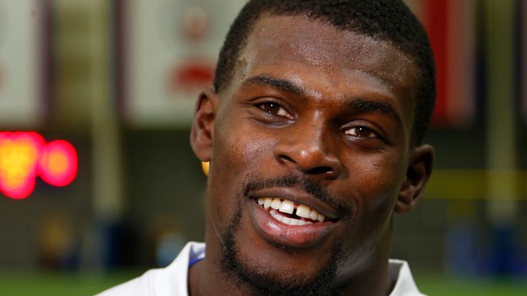 Buffalo Bills running back Christian wade (45) talks with reporters following an NFL rookie mini camp Friday, May 10, 2019, in Orchard Park N.Y.  (AP Photo/Jeffrey T. Barnes)