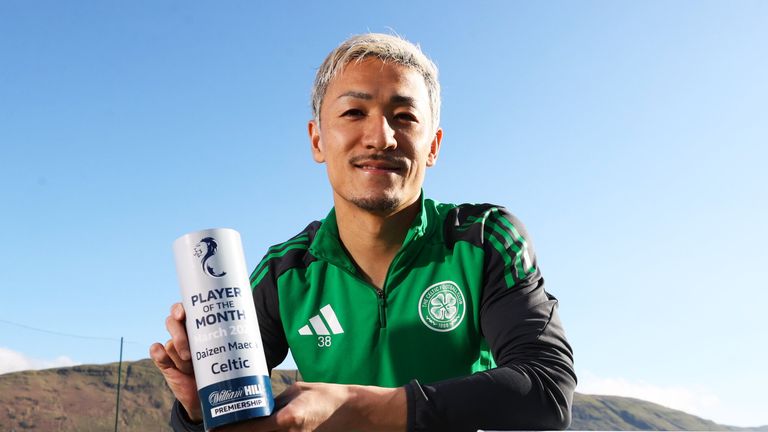 GLASGOW, SCOTLAND - APRIL 04: Celtic's Daizen Maeda is presented with the William Hill Scottish Premiership Player of the Month award for March at Lennoxtown Training Centre, on April 04, 2025, in Glasgow, Scotland. (Photo by Craig Williamson / SNS Group)