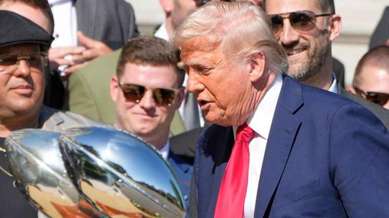 President Donald Trump welcomes the Super Bowl champion Philadelphia Eagles NFL football team to the South Lawn of the White House, Monday, April 28, 2025, in Washington. (AP Photo/Mark Schiefelbein)  