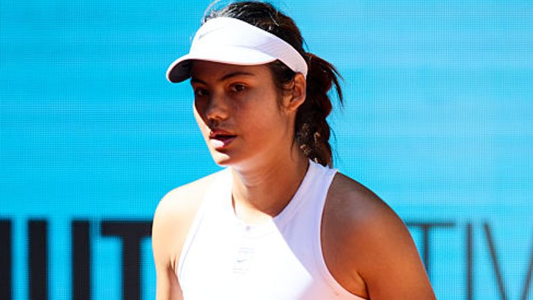Emma Raducanu of Great Britain looks on against Suzan Lamens of Netherlands in the Women's Singles Round of 128 match during Day Two of the Mutua Madrid Open at La Caja Magica on April 23, 2025 in Madrid, Spain. (Photo by Ion Alcoba Beitia/Getty Images)