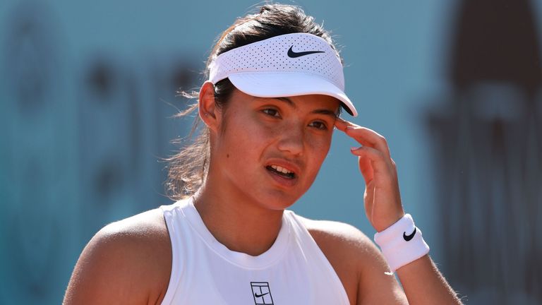 Emma Raducanu of Great Britain reacts during her singles match against Marta Kostyuk of Ukraine during day four of the Mutua Madrid Open at La Caja Magica on April 25, 2025 in Madrid, Spain. (Photo by Clive Brunskill/Getty Images)