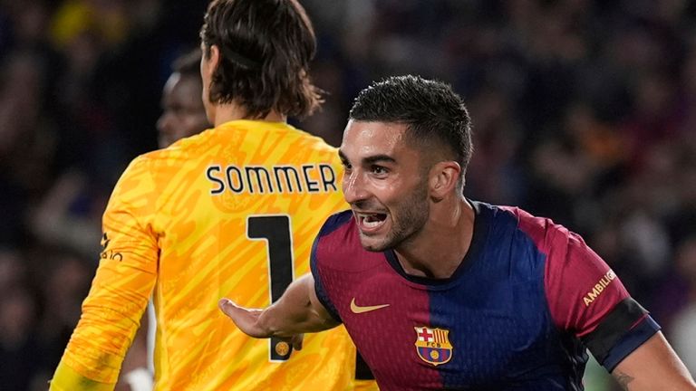 Barcelona's Ferran Torres celebrates after scoring during the Champions League semifinal first leg soccer match between Barcelona and Inter Milan in Barcelona, Spain, Wednesday, April 30, 2025. AP Photo/Emilio Morenatti)