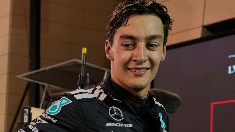 Mercedes driver George Russell of Britain celebrates second place at the the Formula One Bahrain Grand Prix, in Sakhir, Sunday, April 13, 2025. (AP Photo/Altaf Qadri)