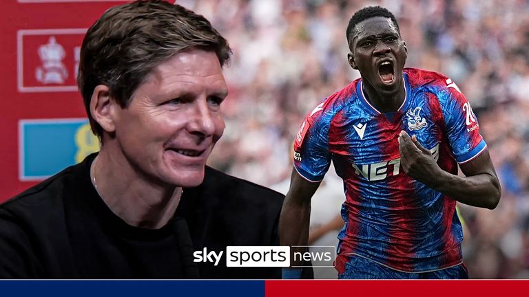 Crystal Palace's Ismaila Sarr celebrates after scoring his side's second goal during the English FA Cup semifinal soccer match between Crystal Palace and Aston Villa at the Wembley stadium in London, Saturday, April 26, 2025. 