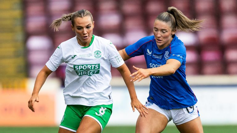 MOTHERWELL, SCOTLAND - MARCH 22: Hibernian's Michaela McAlonie (L) and Rangers' Chelsea Cornet in action during the Sky Sports Cup Final between Rangers and Hibernian at Fir Park, on March 22, 2025, in Motherwell, Scotland. (Photo by Ross Parker / SNS Group)