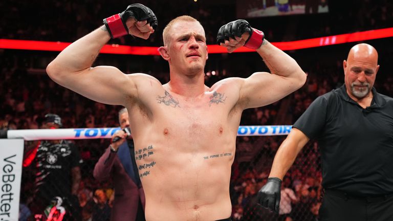 Ian Machado Garry of Ireland reacts after defeating Carlos Prates of Brazil in a welterweight fight during the UFC Fight Night event at T-Mobile Center on April 26, 2025 in Kansas City, Missouri. (Photo by Josh Hedges/Zuffa LLC)