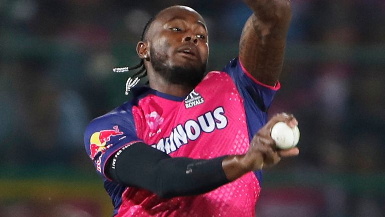 Rajasthan Royals' Jofra Archer bowls a delivery during the Indian Premier League cricket match between Rajasthan Royals and Gujarat Titans at Sawai Mansingh Stadium in Jaipur, India, Monday, April 28, 2025. (AP Photo/Surjeet Yadav)