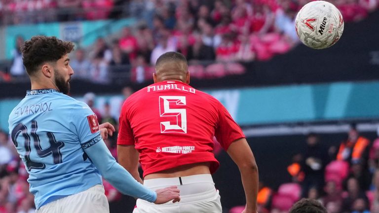 Manchester City's Josko Gvardiol scores during the English FA Cup semifinal soccer match between Nottingham Forest and Manchester City at Wembley stadium in London, Sunday, April 27, 2025. (AP Photo/Kirsty Wigglesworth)