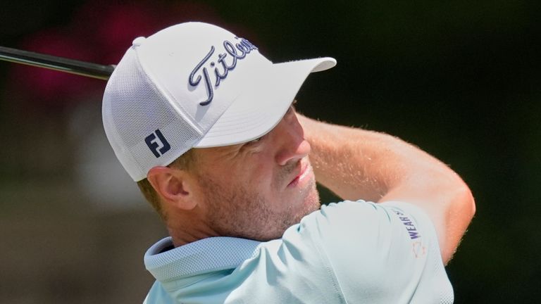 Justin Thomas watches his drive on the third hole during the final round of the RBC Heritage golf tournament, Sunday, April 20, 2025, in Hilton Head Island, S.C. (AP Photo/Mike Stewart) 