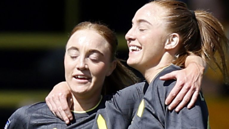 Everton's Karen Holmgaard celebrates scoring their side's first goal of the game with team-mate and sister Sara Holmgaard (left) during the Barclays Women's Super League match at the Joie Stadium, Manchester. Picture date: Sunday April 20, 2025.
