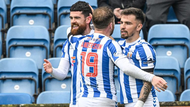 KILMARNOCK, SCOTLAND - APRIL 26: Kilmarnock's Liam Donnelly celebrates with Bruce Anderson and Daniel Armstrong (R) as he scores to make it 2-0 during a William Hill Premiership match between Kilmarnock and Ross County at the BBSP Stadium Rugby Park, on April 26, 2025, in Kilmarnock, Scotland. (Photo by Paul Byars / SNS Group)