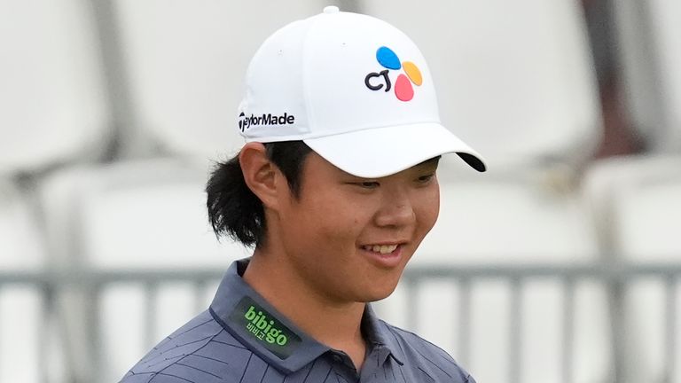 Kris Kim, 16, smiles after putting on the ninth green during the third round of the Byron Nelson golf tournament in McKinney, Texas, Saturday, May 4, 2024. (AP Photo/LM Otero) 