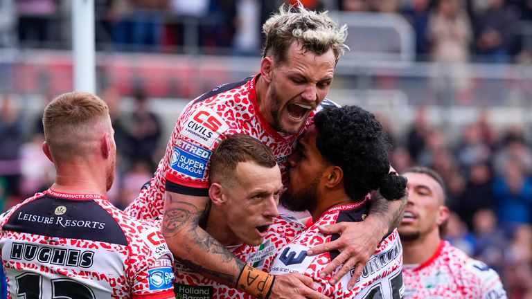 Picture by Olly Hassell/SWpix.com - 19/04/2025 - Rugby League - Betfred Super League Round 8 - Leigh Leopards v Warrington Wolves - Leigh Sports Village, Leigh , England - Frankie Halton of Leigh celebrating his try with Ethan O...Neill of Leigh
