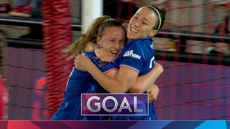 Lucy Bronze headers home to put Chelsea ahead against Manchester United from a corner as West London side look to have their hand on the WSL title.