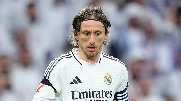 Luka Modric of Real Madrid in action during the Spanish League, LaLiga EA Sports, football match played between Real Madrid and Valencia CF at Santiago Bernabeu stadium on April 05, 2025, in Madrid, Spain. AFP7 05/04/2025 (Europa Press via AP)