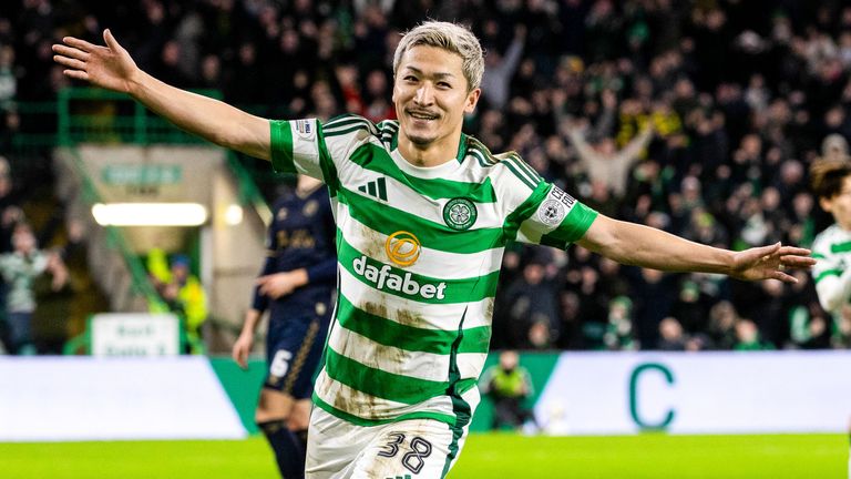 GLASGOW, SCOTLAND - JANUARY 18: Celtic...s Daizen Maeda celebrates after scoring to make it 2-1 during a Scottish Gas Men's Scottish Cup Fourth Round match between Celtic and Kilmarnock at Celtic Park, on January 18, 2025, in Glasgow, Scotland. (Photo by Craig Williamson / SNS Group)