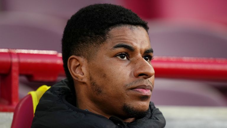 Aston Villa's Marcus Rashford sitting on the bench before the Premier League match at the Gtech Community Stadium, London. Picture date: Saturday March 8, 2025.