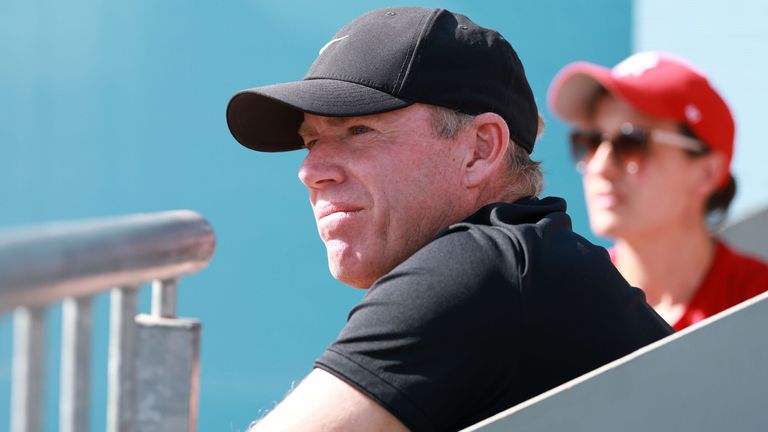 Mark Petchey, coach of Emma Raducanu of Great Britain, watches during her singles match against Marta Kostyuk of Ukraine during day four of the Mutua Madrid Open at La Caja Magica on April 25, 2025 in Madrid, Spain. (Photo by Clive Brunskill/Getty Images)