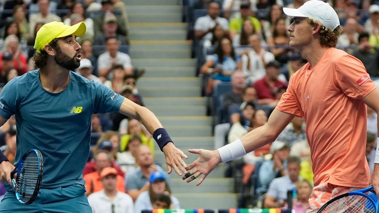 Jordan Thompson, left, and Max Purcell, of Australia, react in the last set against Tim Puetz and Kevin Krawietz, of Germany during the men's doubles final of the U.S. Open tennis championships, Saturday, Sept. 7, 2024, in New York. (AP Photo/Pamela Smith) 