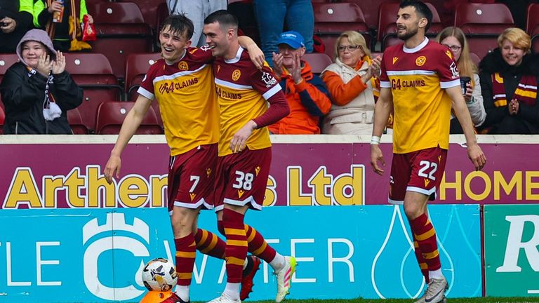 MOTHERWELL, SCOTLAND - APRIL 26: Motherwell's Tom Sparrow celebrates scoring to make it 3-1 during a William Hill Premiership match between Motherwell and St Johnstone at Fir Park Stadium, on April 26, 2025, in Motherwell, Scotland. (Photo by Roddy Scott / SNS Group)