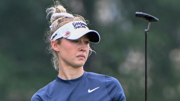 THE WOODLANDS, TX - APRIL 24: Nelly Korda (USA) reacts to barely missing her birdie putt on 9 during the first round of LPGA Chevron Championship at The Club at Carlton Woods on April 24, 2025, in The Woodlands, Texas. (Photo by Ken Murray/Icon Sportswire) (Icon Sportswire via AP Images)