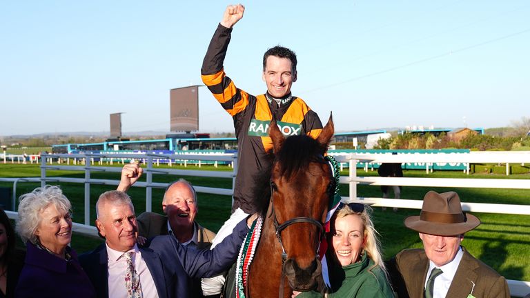 Nick Rockett, jockey Patrick Mullins and trainer Willie Mullins after winning the Randox Grand National