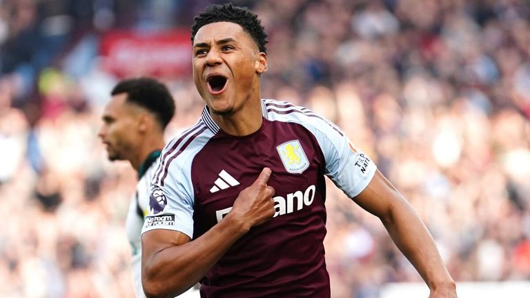 Ollie Watkins celebrates after giving Aston Villa a first-minute lead against Newcastle